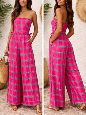 Splash Hot Pink Plaid Strapless Wide-Leg Jumpsuit